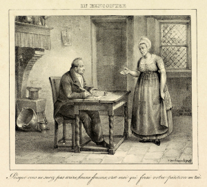 Een propagandistische prent uit de serie Onmoetingen met Willem I. In de prent helpt Willem I een analfabete vrouw.